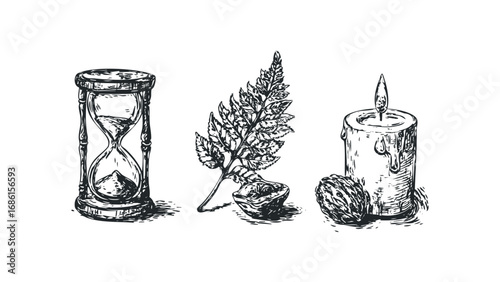 Pencil sketch of an hourglass, fern, and burning candle on transparent. Vector hand drawn illustration