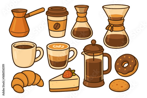 Coffee shop vector icon set. Cozy cafe elements collection with brewing methods like French press, Chemex, cezve. Cartoon illustration of latte, pastry, dessert, and drinks.