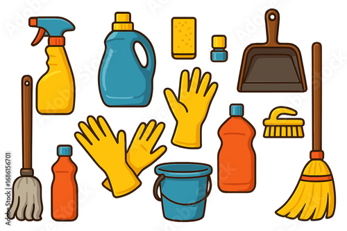 Cleaning service tools and supplies set. Housekeeping equipment for domestic chores. Vector cartoon icons collection for home maintenance, hygiene and cleanliness concept.