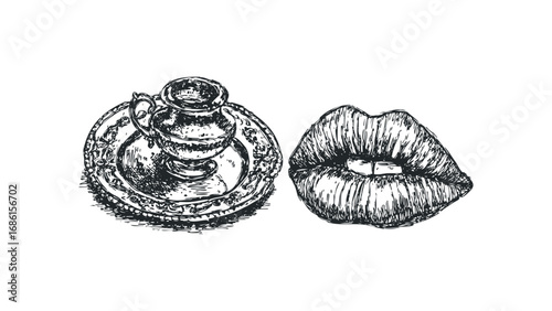 Sketch of antique teacup and saucer with detailed ornate pattern beside lush full lips. Vector hand drawn illustration