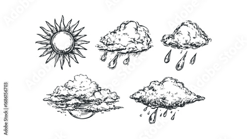 Collection of sketched weather elements including sun and rain clouds. Vector hand drawn illustration