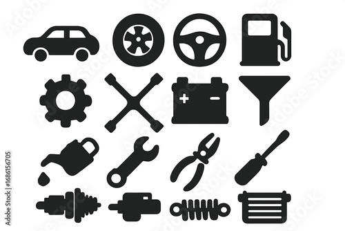 Automotive maintenance and car repair vector icon set. Solid glyph symbols for auto service garage. Collection of tool and part signs like tire, battery, oil, engine, wrench.