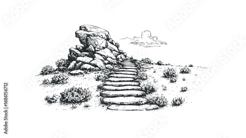 Stone staircase leading up a rocky hill with sparse vegetation and a hazy sun in the sky. Vector hand drawn illustration