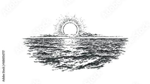 Sun rising over ocean waves with radiant rays and distant clouds. Vector hand drawn illustration