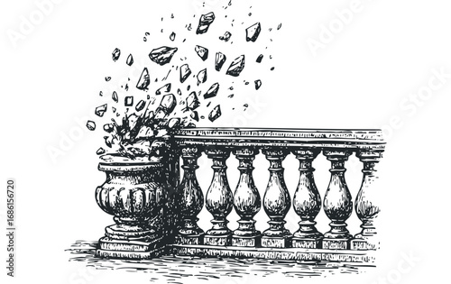 Stone Balustrade Crumbling with Falling Debris. Vector hand drawn illustration