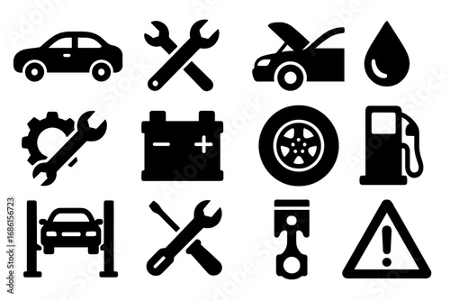Automotive solid icons set for car repair service. Garage maintenance symbols. Vector collection of workshop tools, battery, oil, tire, engine piston, and fuel pump pictograms.