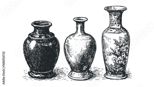 Three antique ceramic vases in a still life arrangement. Vector hand drawn illustration