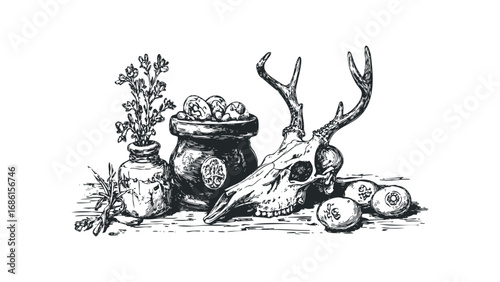 Sketch of deer skull, botanical sprigs, and spherical objects on a table. Vector hand drawn illustration