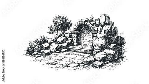 Ancient stone archway and weathered rocks with foliage detail. Vector hand drawn illustration
