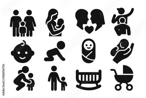 Family and parenting solid icon set. Baby care, newborn, relationship and childhood glyph collection. Vector pictograms for web. Mother, father, child silhouette icons.