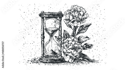 Hourglass with Lush Flowers in Vintage Sketch Style. Vector hand drawn illustration