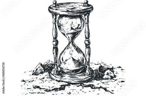 Antique hourglass broken on cracked ground with debris. Vector hand drawn illustration
