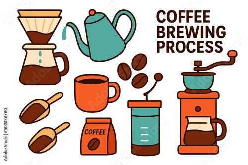 Coffee brewing process vector icon set. Pour over dripper, manual grinder, kettle, beans and mug. Flat cartoon illustration for cafe menu, coffee shop, barista graphic.