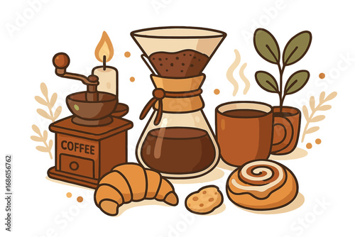 Cozy coffee brewing scene with pour-over maker, grinder, pastry. Vector illustration for cafe menu, breakfast concept, morning routine. Hygge lifestyle. Drip coffee. Slow living.