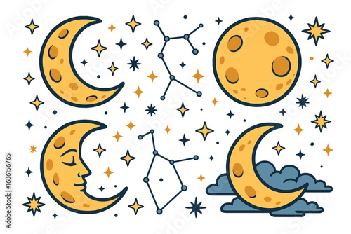 Celestial magic icon set with moon phases, stars, and constellations. Vector cartoon pack of lunar and cosmic symbols for astrology, esoteric design, or spiritual themes.