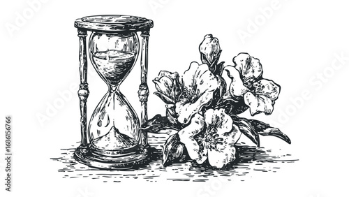 Vintage hourglass and blooming flowers sketch. Vector hand drawn illustration