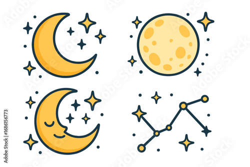 Celestial icon set with crescent and full moon, stars, and constellation. Vector cartoon illustration for cosmic and astrology themes. Night sky elements for kids and science.