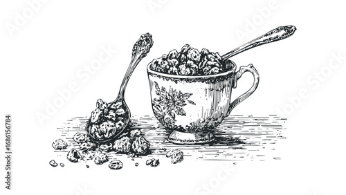 Antique teacup filled with granola and spoon, black and white sketch. Vector hand drawn illustration