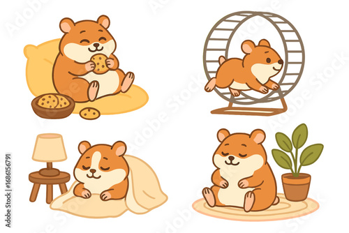 Cute hamster character set. Vector cartoon illustration of a pet rodent sleeping, eating cookies, running on a wheel, and relaxing at home. Adorable animal mascot collection.