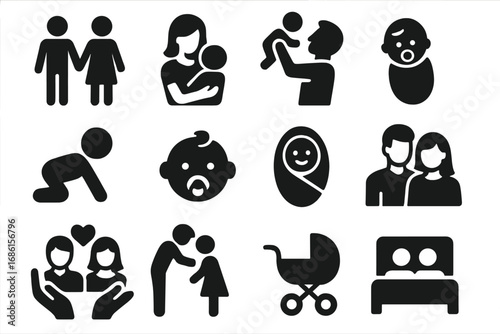 Family life and parenting solid icon set. Mother, father and baby relationship symbols. Newborn child, couple care, pregnancy and parenthood vector pictograms collection.