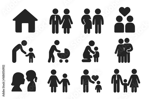 Family and parenting solid icon set. Relationship and couple symbols. Pictogram collection with home, pregnant woman, baby, child, gay and lesbian couple. Vector illustration.