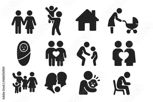 Family life icons. Parenting, relationship, couple, love, pregnancy, newborn. Household pictograms. Father, mother, child, baby care. Sadness, loneliness, crying baby symbols.