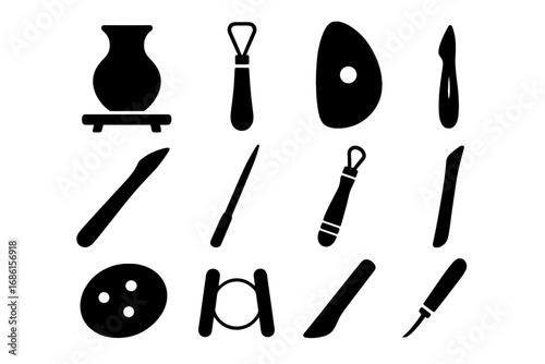 Ceramics tools and pottery equipment icon set in a modern silhouette style. Vector illustration for clay modeling, sculpting, and handmade crafts. Workshop essentials kit.
