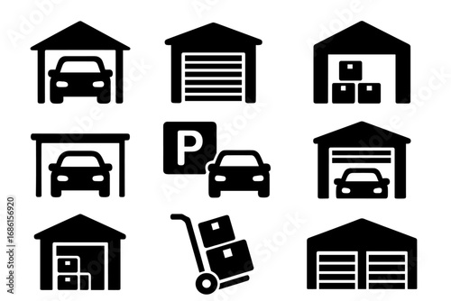 Garage and storage silhouette icon set. Vehicle parking and warehouse icons collection. Car in garage, parking sign, storage unit with boxes, and cargo dolly vector symbols.