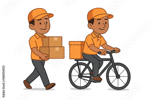 Delivery worker cartoon character set. Courier walking with packages and riding a bicycle. Man delivering parcels by bike. Postal service, shipping, and logistics vector.