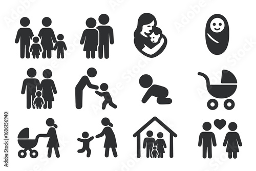 Family and parenting solid icon set. Parents, child and baby relationship symbols. Mother, father, newborn pictogram collection. Household, couple, home glyph vector illustration.