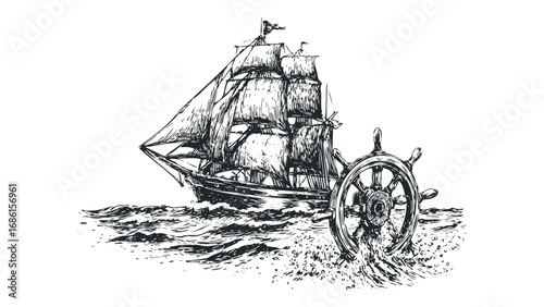 Vintage sailing ship and helm in rough seas sketch. Vector hand drawn illustration