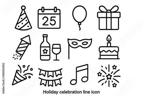Holiday celebration party line icon set. Vector outline symbols for birthday, new year, Christmas. Includes cake, gift, balloon, fireworks, festive event pictogram collection.