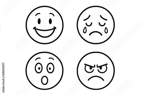 Set of simple emoticons showing different emotions. Happy, sad, angry, surprised face icons. Vector cartoon doodle illustration. Concept for mood, feeling, and expression.