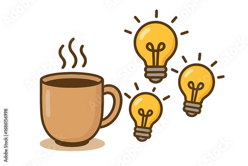 Coffee cup and light bulbs for creativity, new ideas, and inspiration. Brainstorming and productive work session concept. Morning energy for thinking and finding solutions. Vector.