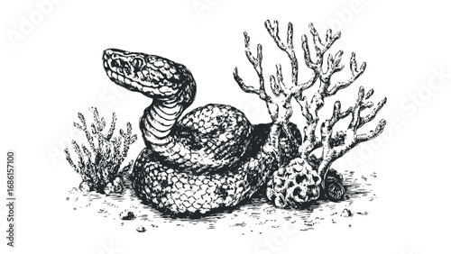 Detailed black and white drawing of a coiled serpent with coral on a transparent background. Vector hand drawn illustration