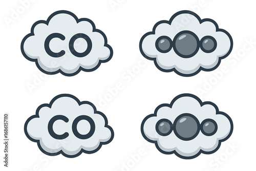 Carbon monoxide and carbon dioxide icons set. CO and CO2 gas pollution in cloud shape. Air emission, greenhouse gas concept. Chemical formula vector illustration.