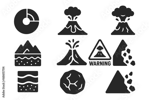 Volcano eruption & geology flat icon set. Vector glyph symbols of volcanic hazard, lava flow, landslide, ash cloud, magma, and rockfall. Earth science & natural disaster signs.