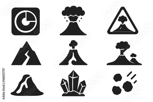 Volcano eruption and geology flat icon set. Black silhouette symbols for volcanic hazard, earthquake, and rockfall. Vector illustration of lava flow, magma, mountain, and ash.