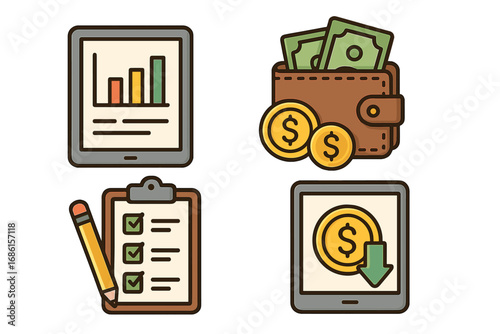 Financial planning icon set. Budgeting and expense tracking symbols. Finance management concept. Vector collection with analysis chart, wallet, money, checklist, cost reduction.