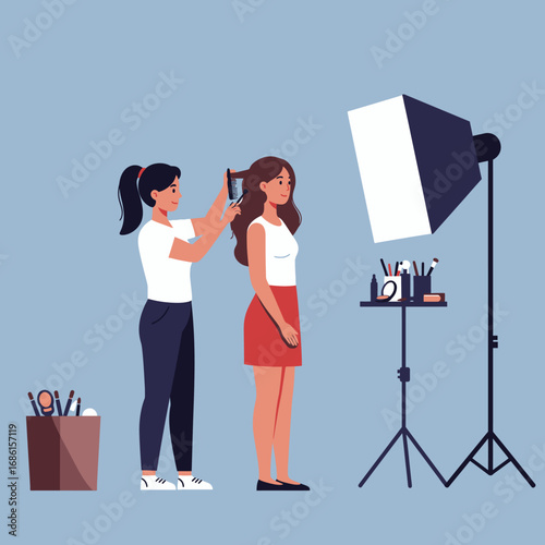 A stylist prepares a model for a photoshoot with makeup and equipment.