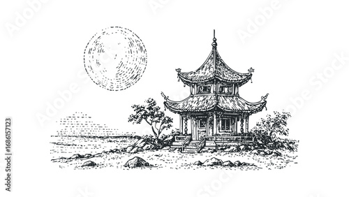 Pencil drawing of a traditional Asian pavilion by the water with a large moon. Vector hand drawn illustration
