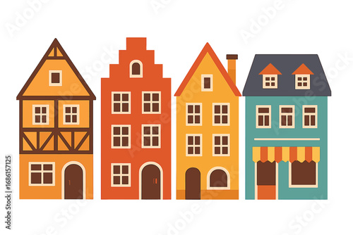 Colorful vector flat illustration of traditional European houses. Old town building set. Amsterdam, German style architecture. Quaint cartoon cityscape isolated.
