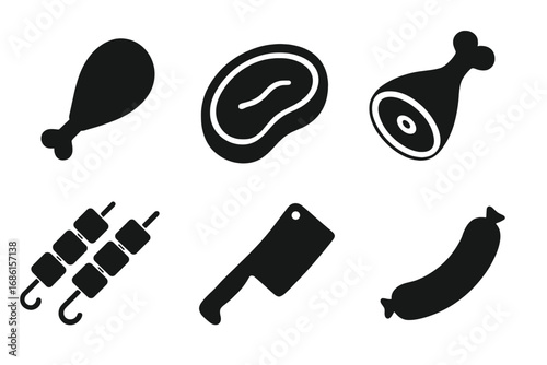 Meat silhouette icon set for butcher shop or barbecue. Vector graphics of steak, chicken leg, ham, sausage, kebab and cleaver. Food and cooking elements for restaurant menu.