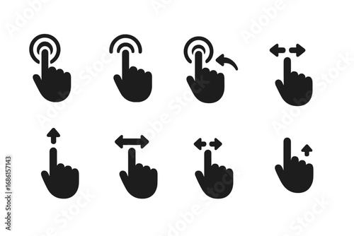 Hand gesture solid icon set for touch screen control. Includes swipe, tap, zoom, drag, and pinch gestures. Black glyph vector for user interface design, app, and web.