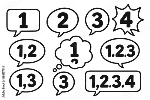 Numbers 1, 2, 3, 4 in speech bubbles. Concept for process, steps, options or ranking. Communication, dialog, message and chat icon set. Vector cartoon illustration.