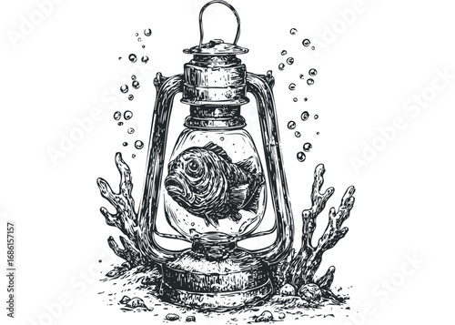 Vintage kerosene lamp with fish and coral underwater scene. Vector hand drawn illustration