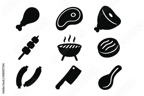 Meat silhouette icon set for barbecue. Grilling food symbols. Vector collection of steak, chicken leg, sausage, kebab, ham, and butcher cleaver icons for cooking design.