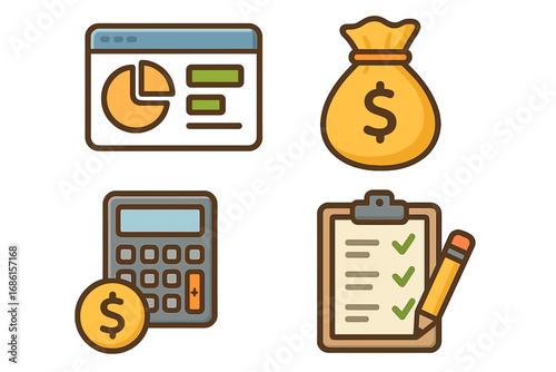 Financial planning icon set for business. Vector cartoon illustration of budgeting, expense tracking, and investment analysis. Money management and accounting symbols for web.