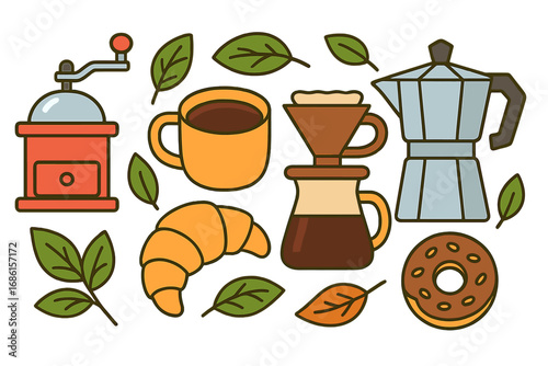 Coffee brewing equipment and breakfast pastry set. Vector icon collection with moka pot, grinder, pour-over, croissant, donut. Flat design for cafe menu or coffee shop.