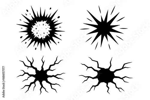 Vector collection of abstract black burst and crack designs. Comic book style explosion, bang, and smash effects. Cartoon illustration of wall damage, cracked glass or hole.
